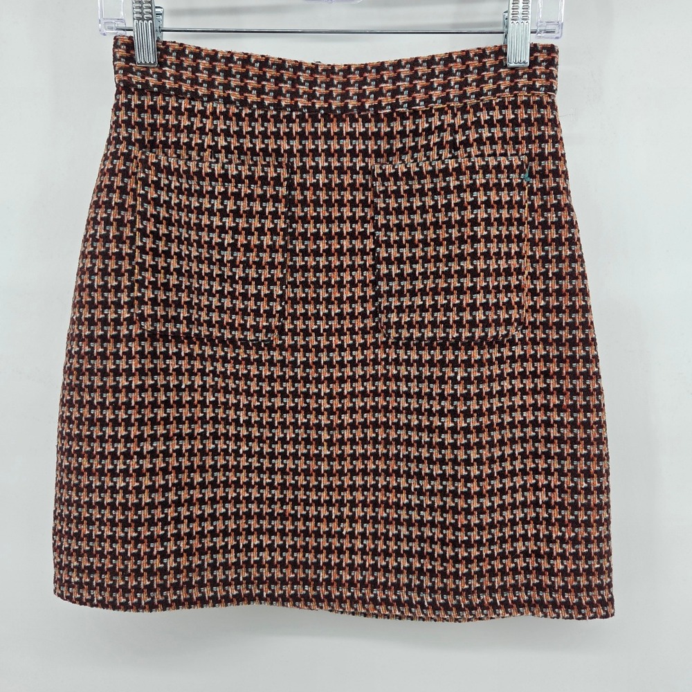 ModCloth Mini Skirt 4 Brown Houndstooth Wool Blend Tweed Academic Retro Boho